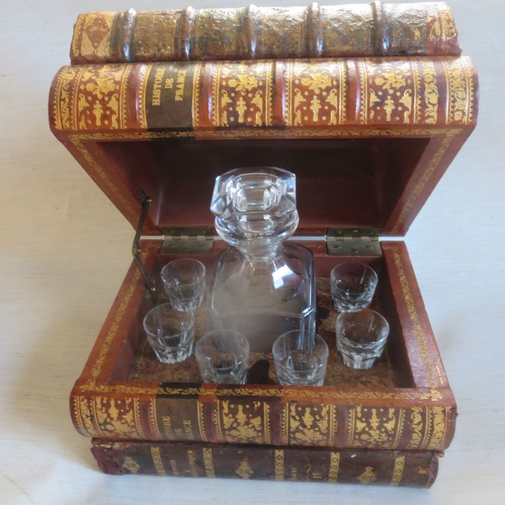 Baccarat Crystal Whiskey Set in Faux Book Tantalus